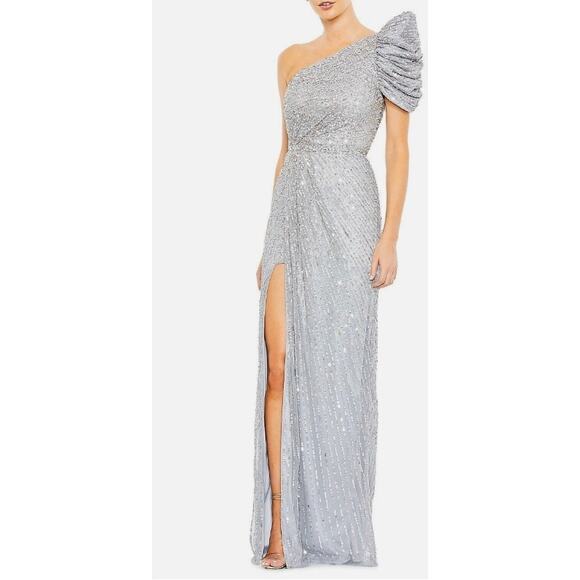 Mac Duggal 5622 One-Shoulder Sequined Stripe Gown Sz 6 Silver NWOT - Picture 3 of 4